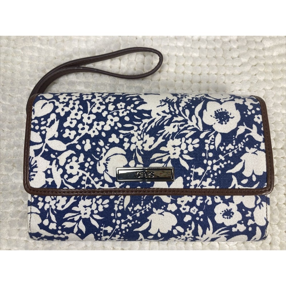 Chaps Floral Crossbody Wristlet Blue and White Floral, Logo Vegan Leather Trim